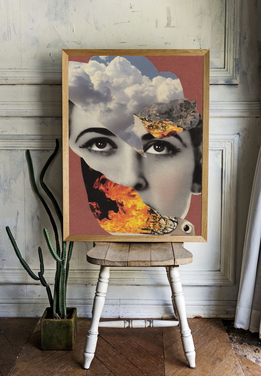 Surreal Face with Flames — Collage Print. — room view 1