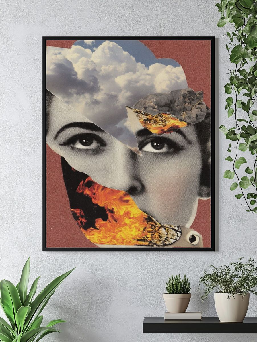 Surreal Face with Flames — Collage Print. — room view 4