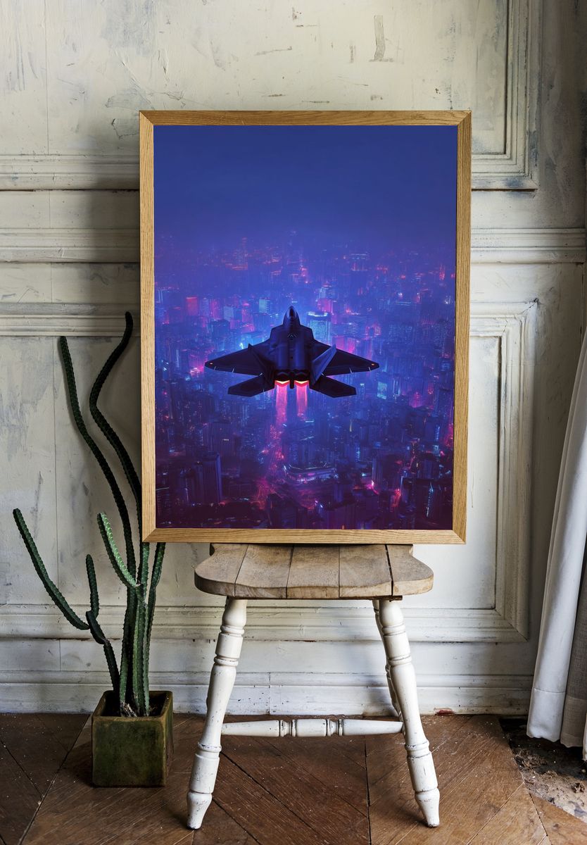 Neon Fighter Jet Cityscape Poster. — room view 1