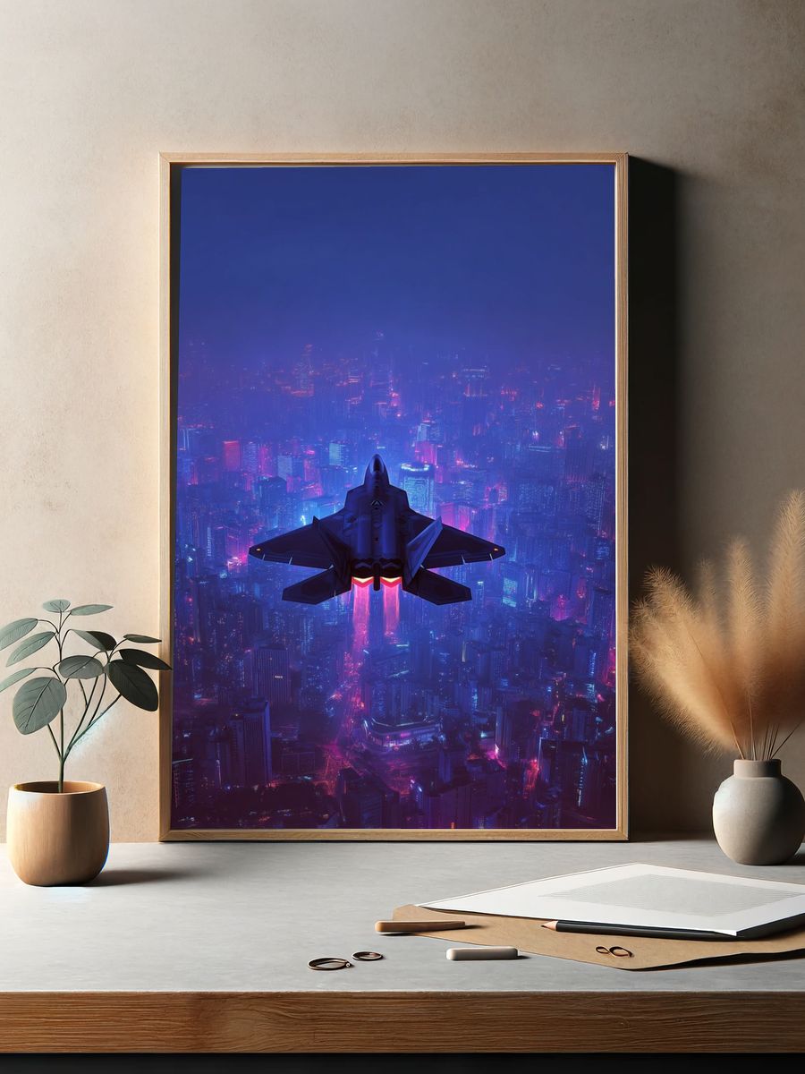 Neon Fighter Jet Cityscape Poster. — room view 2