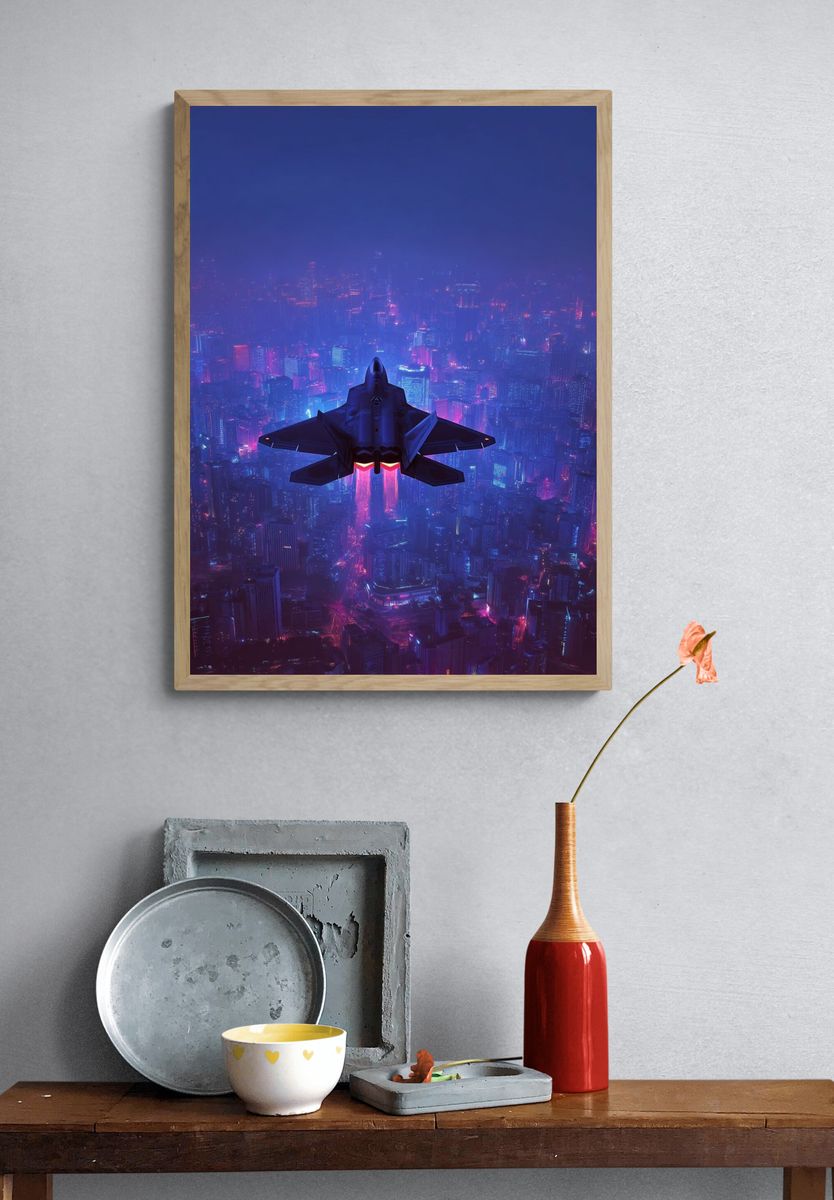 Neon Fighter Jet Cityscape Poster. — room view 3