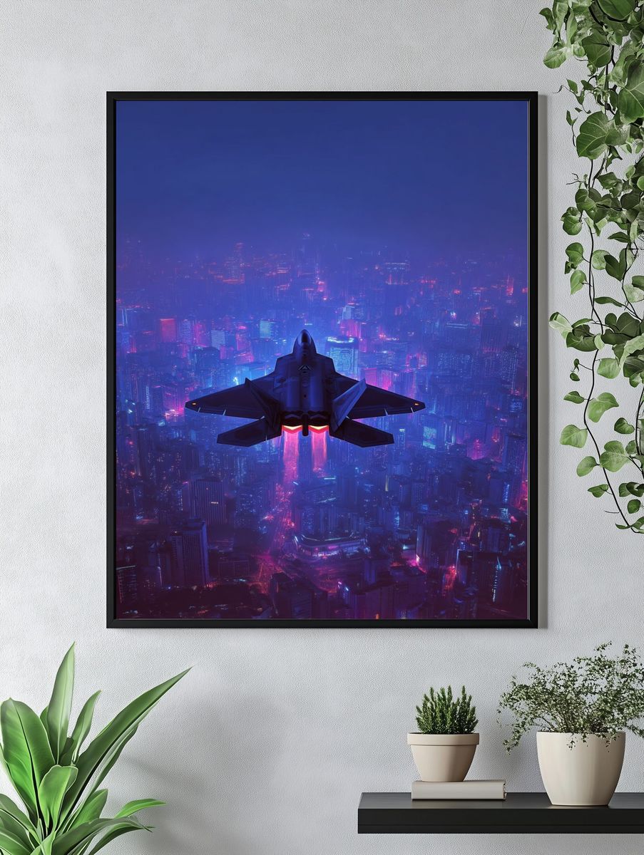 Neon Fighter Jet Cityscape Poster. — room view 4