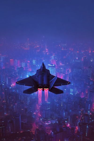 Neon Fighter Jet Cityscape Poster. poster print