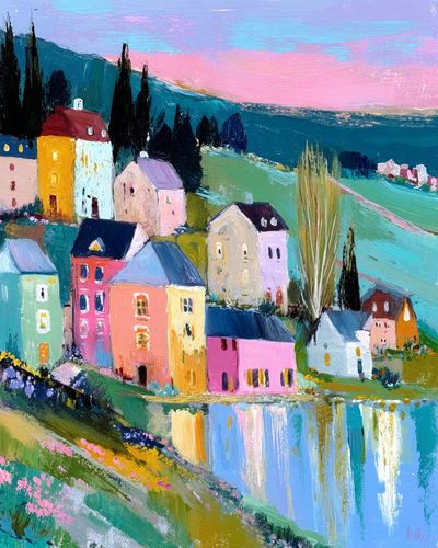 Colorful Village Landscape Poster. poster print