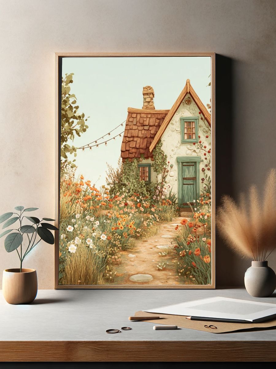 Charming Cottage in Bloom — Illustration Print. — room view 2