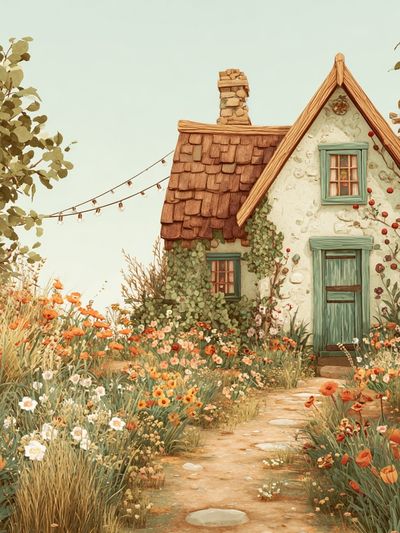 Charming Cottage in Bloom — Illustration Print. poster print