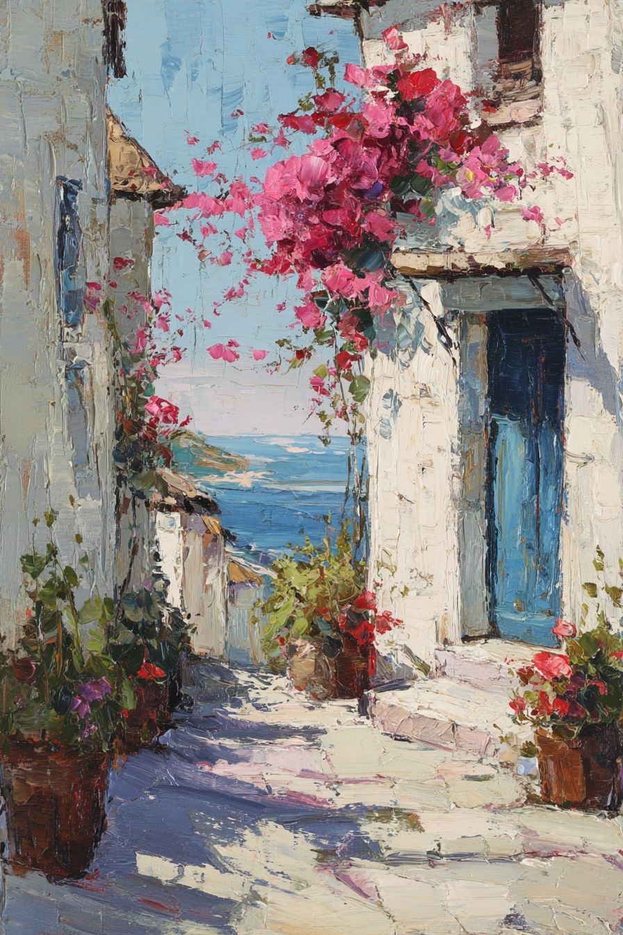 Coastal Village with Bougainvillea — Fine Art Print. poster detail