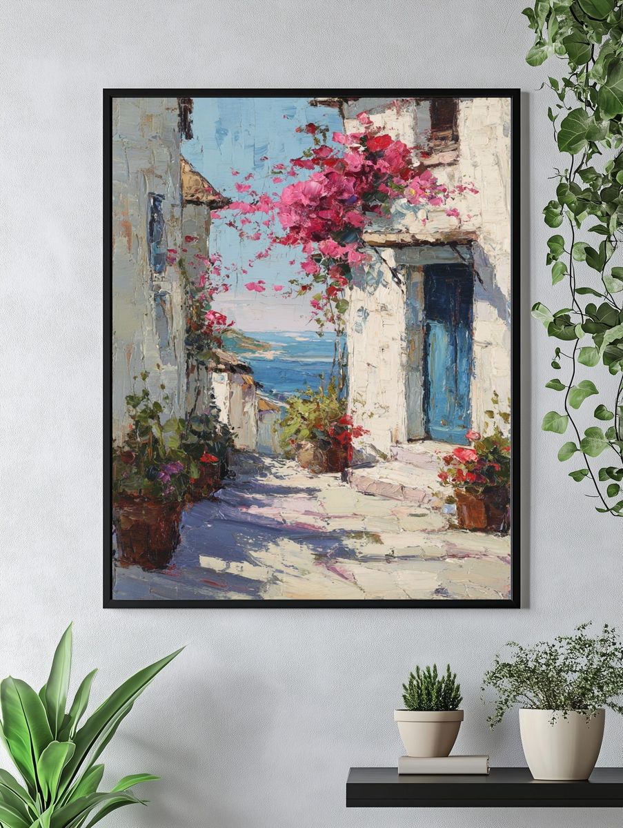 Coastal Village with Bougainvillea — Fine Art Print. — room view 4