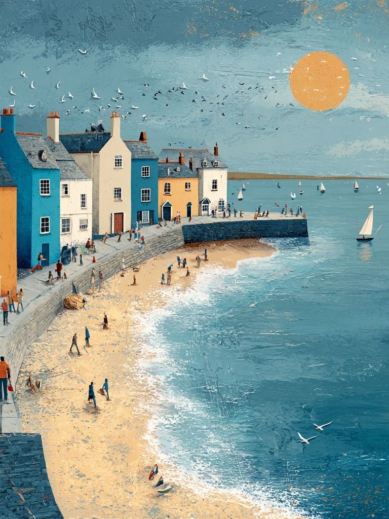 Coastal Village at Sunset — Illustration Print. poster detail