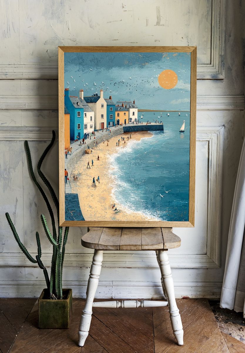 Coastal Village at Sunset — Illustration Print. — room view 1