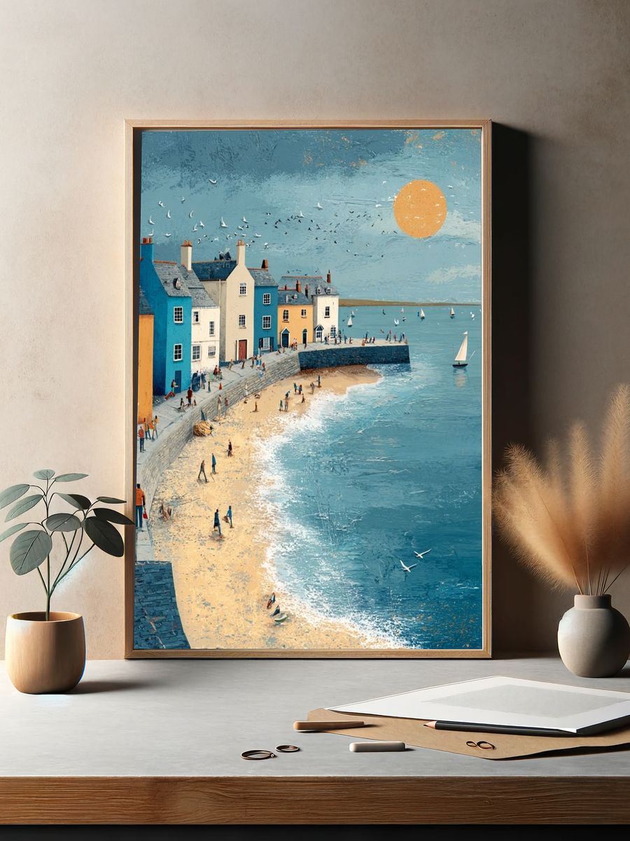 Coastal Village at Sunset — Illustration Print. — room view 2