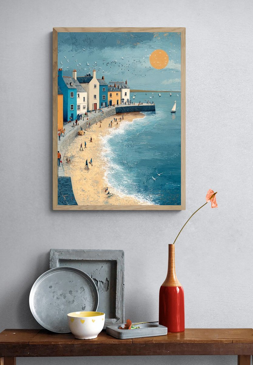 Coastal Village at Sunset — Illustration Print. — room view 3