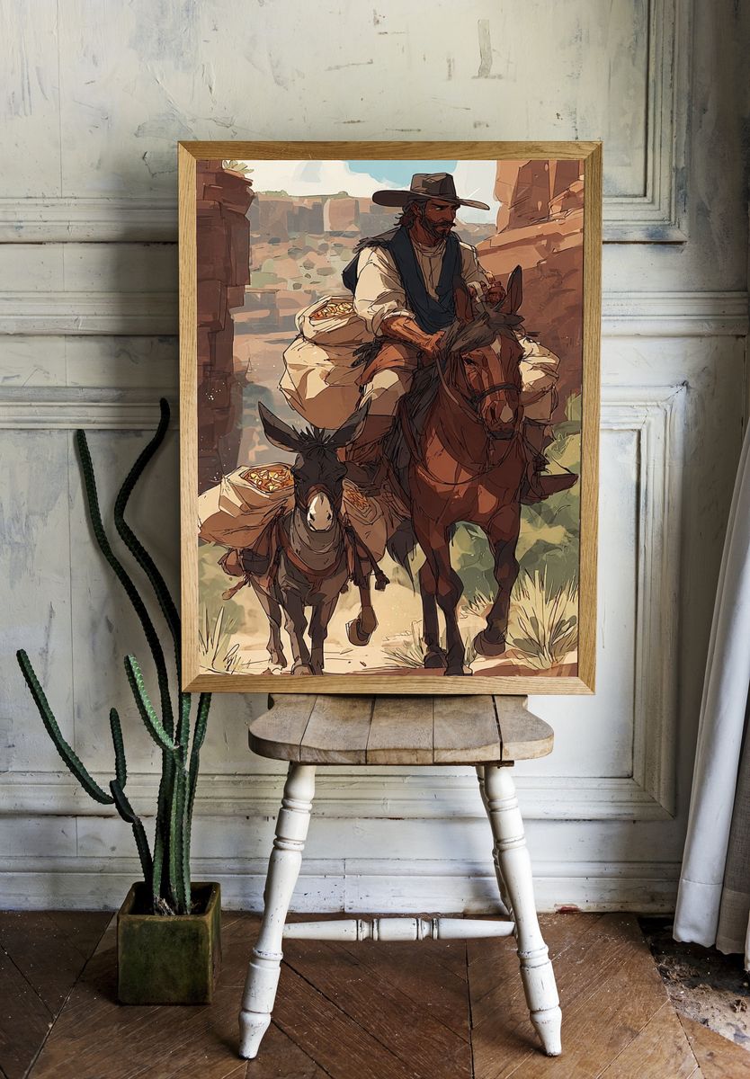 Cowboy and Donkey — Illustration Print. — room view 1