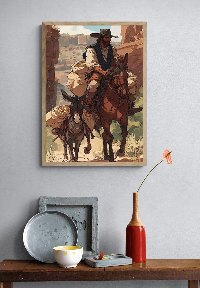 Cowboy and Donkey — Illustration Print. — room view 3