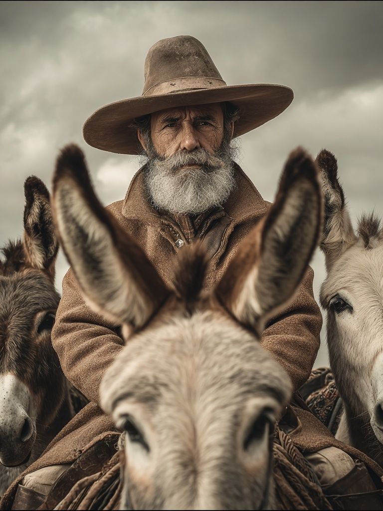 Cowboy on Donkeys Photography Poster. poster detail