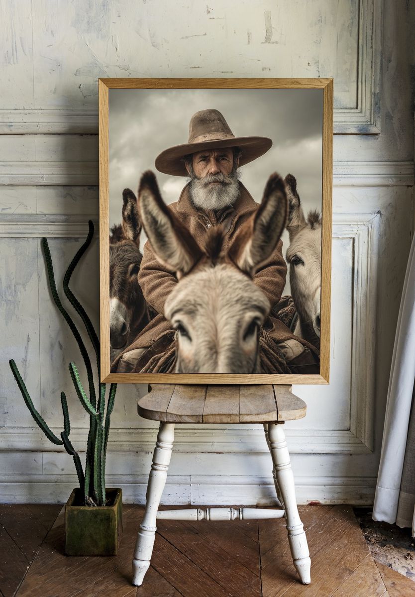 Cowboy on Donkeys Photography Poster. — room view 1