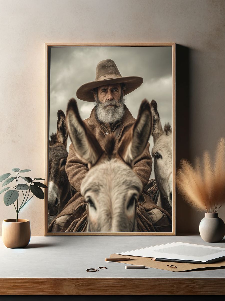 Cowboy on Donkeys Photography Poster. — room view 2