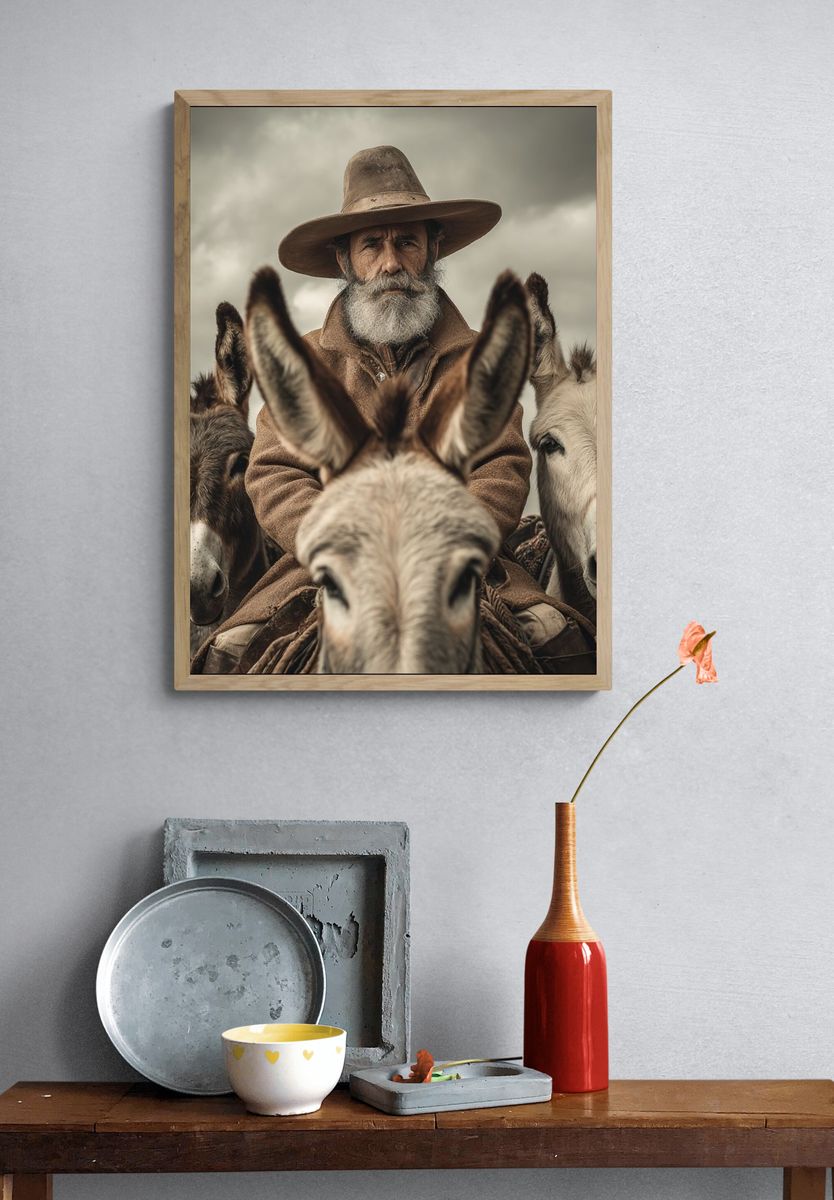 Cowboy on Donkeys Photography Poster. — room view 3