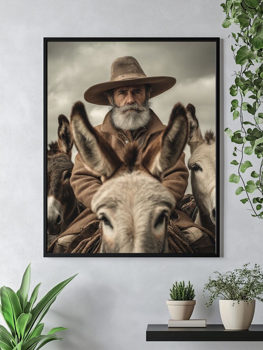 Cowboy on Donkeys Photography Poster. — room view 4