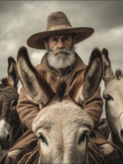 Cowboy on Donkeys Photography Poster. poster print