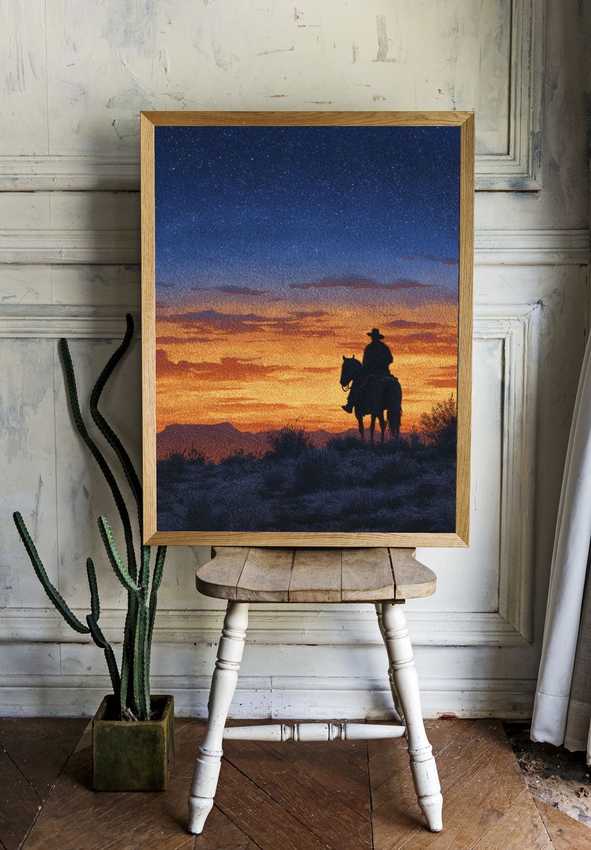 Cowboy at Sunset — Fine Art Print. — room view 1