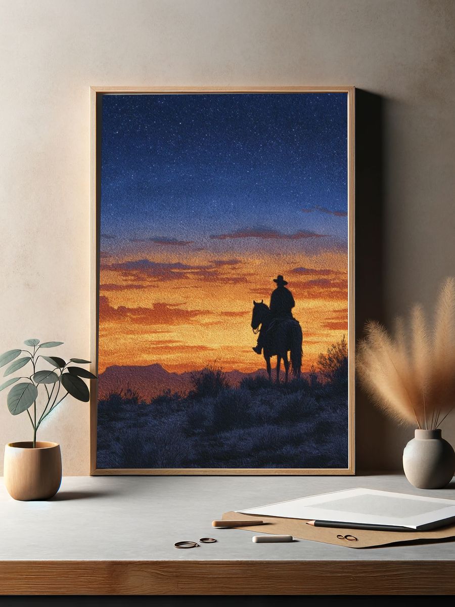Cowboy at Sunset — Fine Art Print. — room view 2