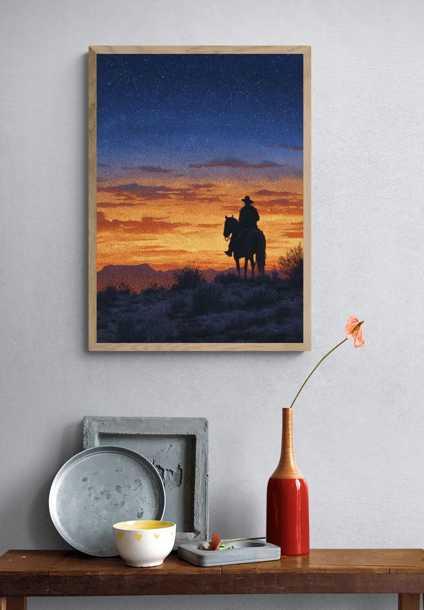 Cowboy at Sunset — Fine Art Print. — room view 3