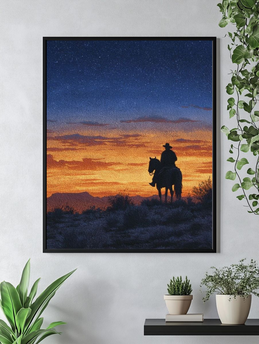 Cowboy at Sunset — Fine Art Print. — room view 4