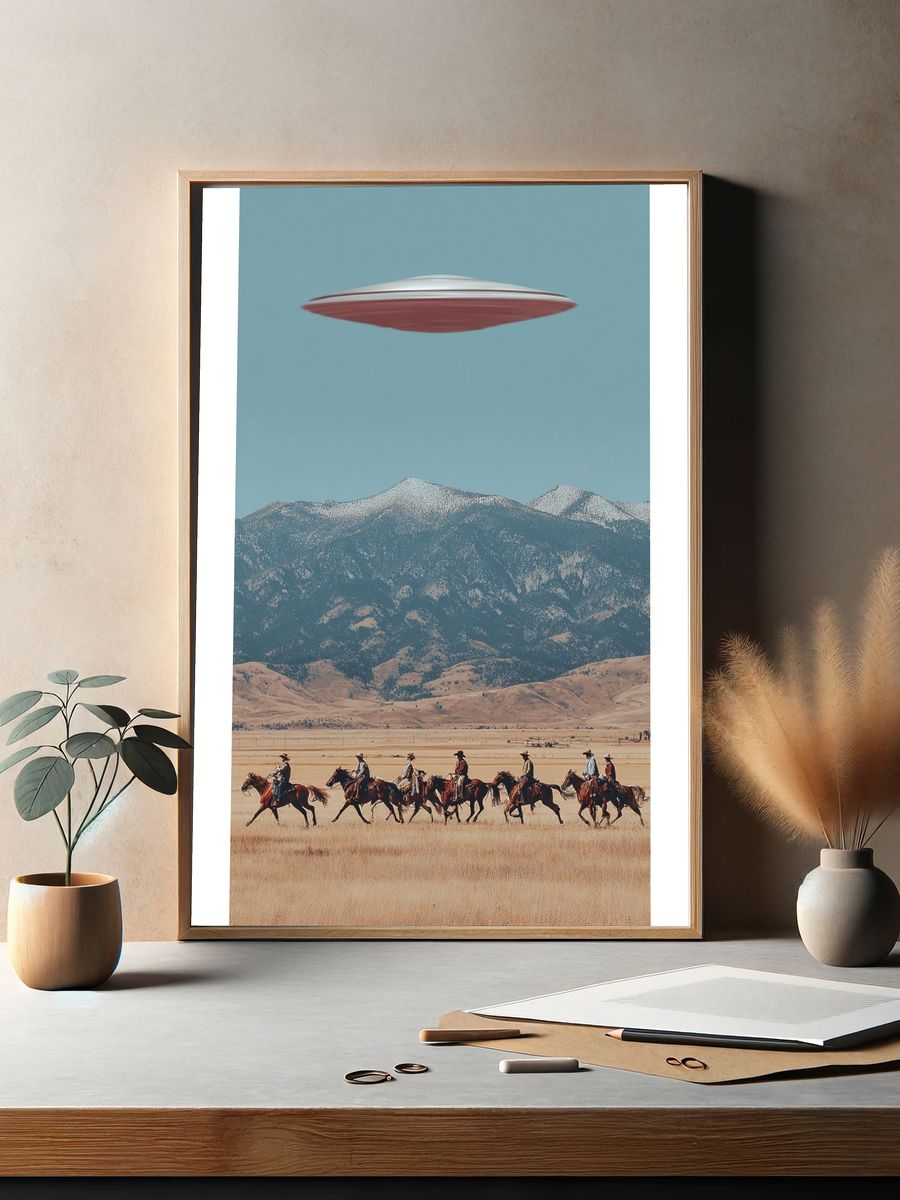 Cowboys and UFO — Surrealism Print. — room view 2