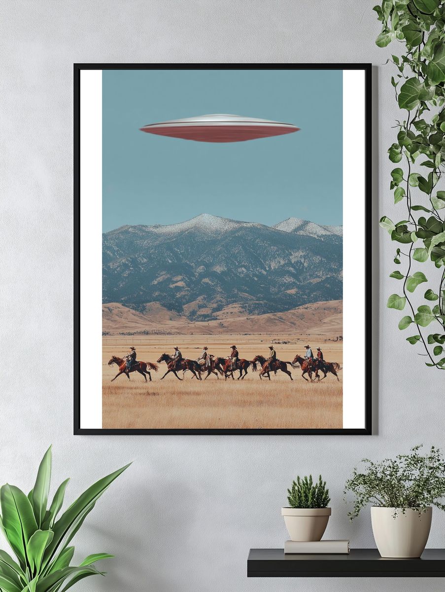 Cowboys and UFO — Surrealism Print. — room view 4
