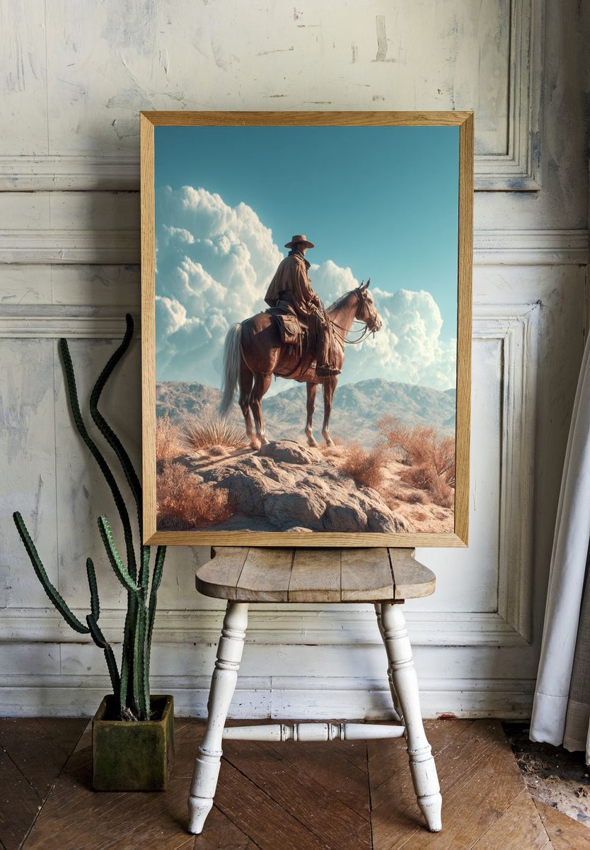 Cowboy on Horseback — Western Art Print. — room view 1