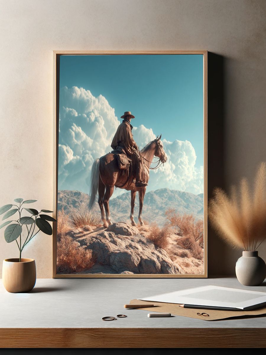 Cowboy on Horseback — Western Art Print. — room view 2