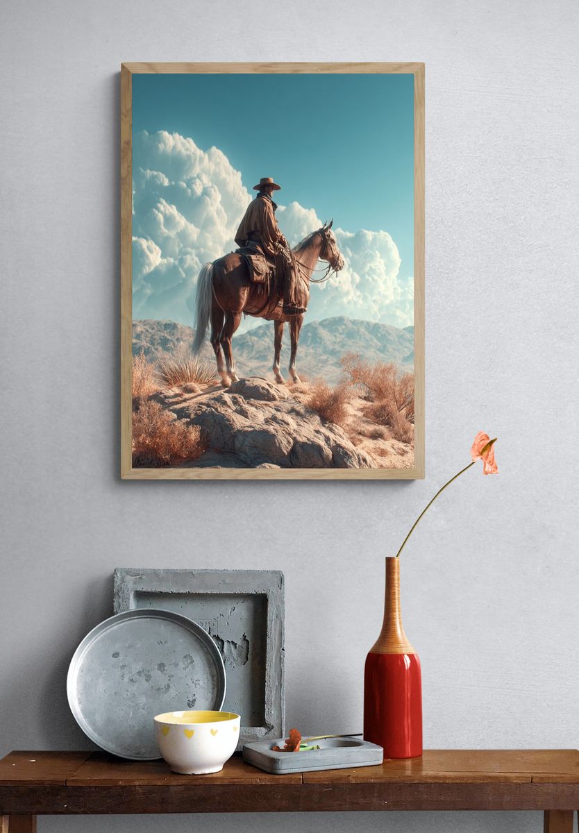 Cowboy on Horseback — Western Art Print. — room view 3