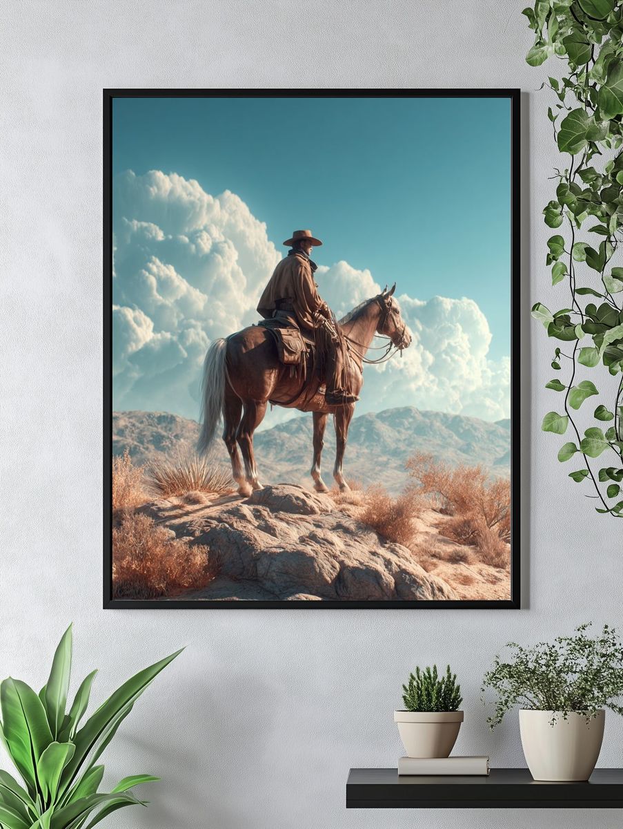 Cowboy on Horseback — Western Art Print. — room view 4