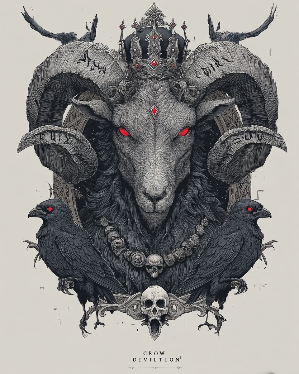 Crowned Ram with Crows — Illustration Print. poster detail