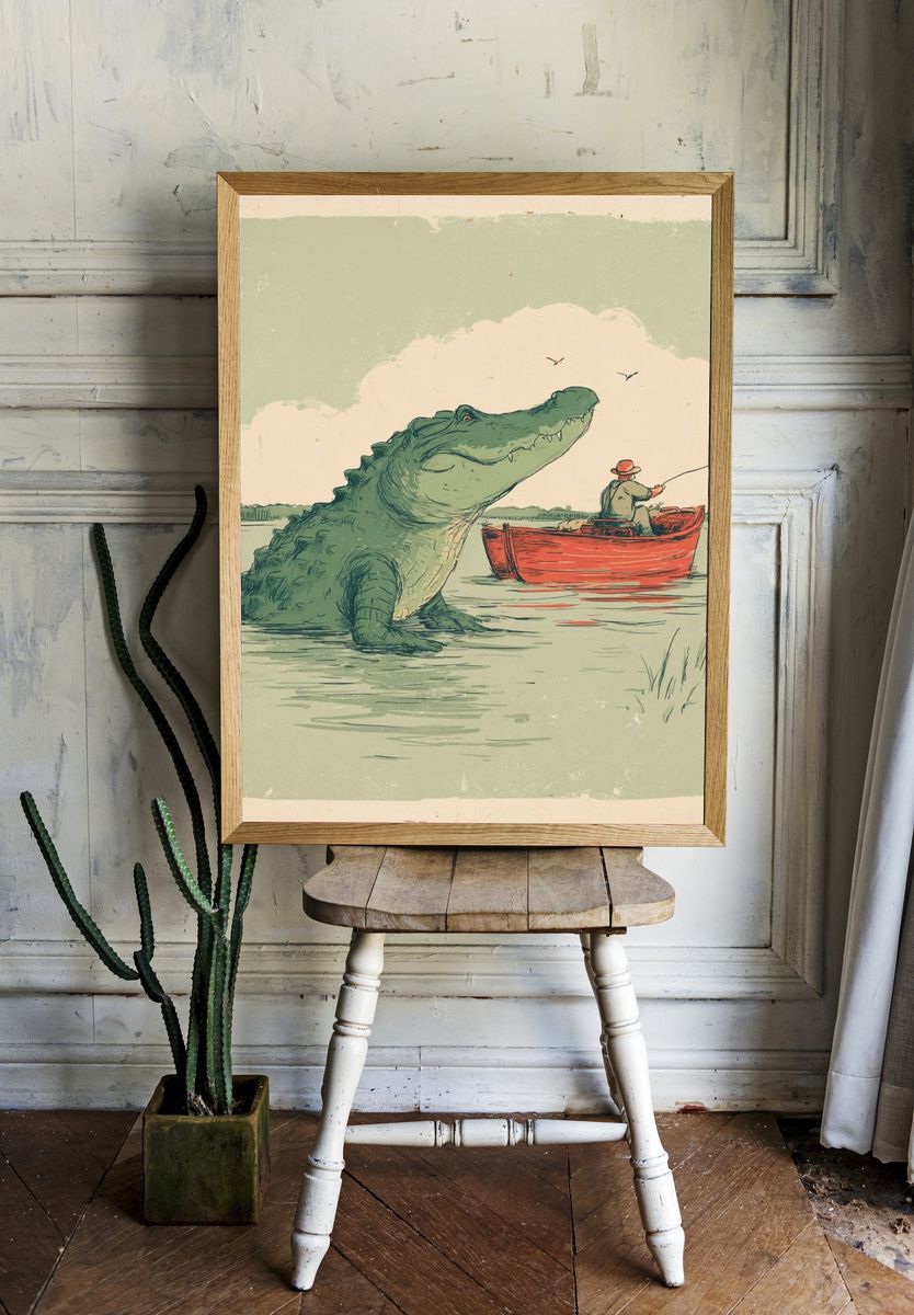 Crocodile Fishing Scene Illustration Poster. — room view 1