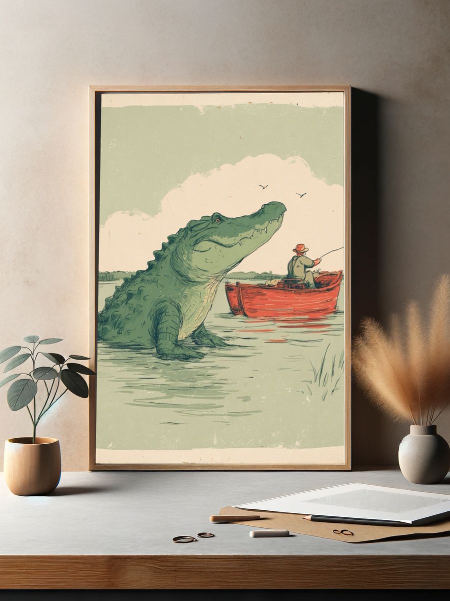 Crocodile Fishing Scene Illustration Poster. — room view 2