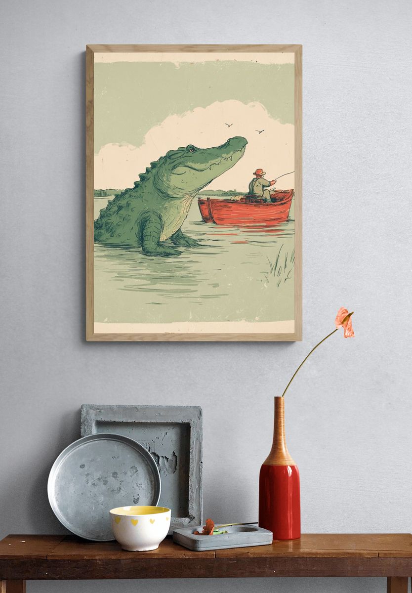 Crocodile Fishing Scene Illustration Poster. — room view 3
