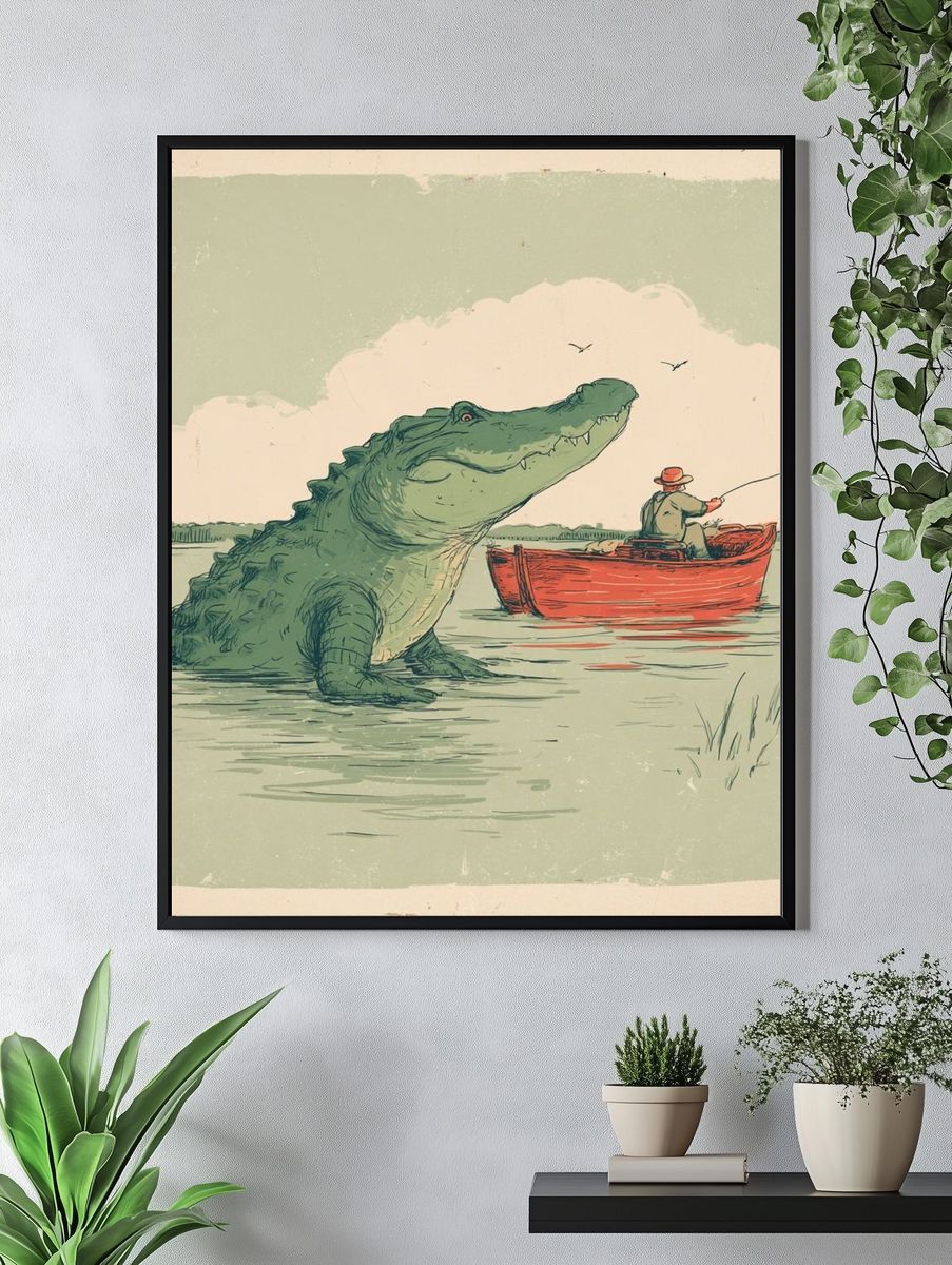 Crocodile Fishing Scene Illustration Poster. — room view 4