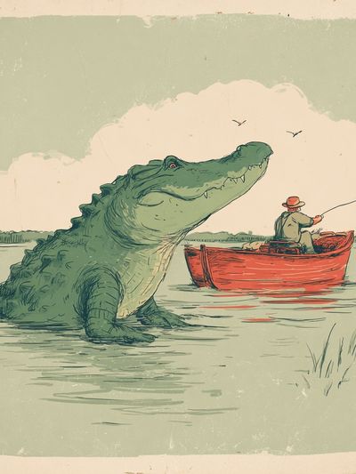 Crocodile Fishing Scene Illustration Poster. poster print