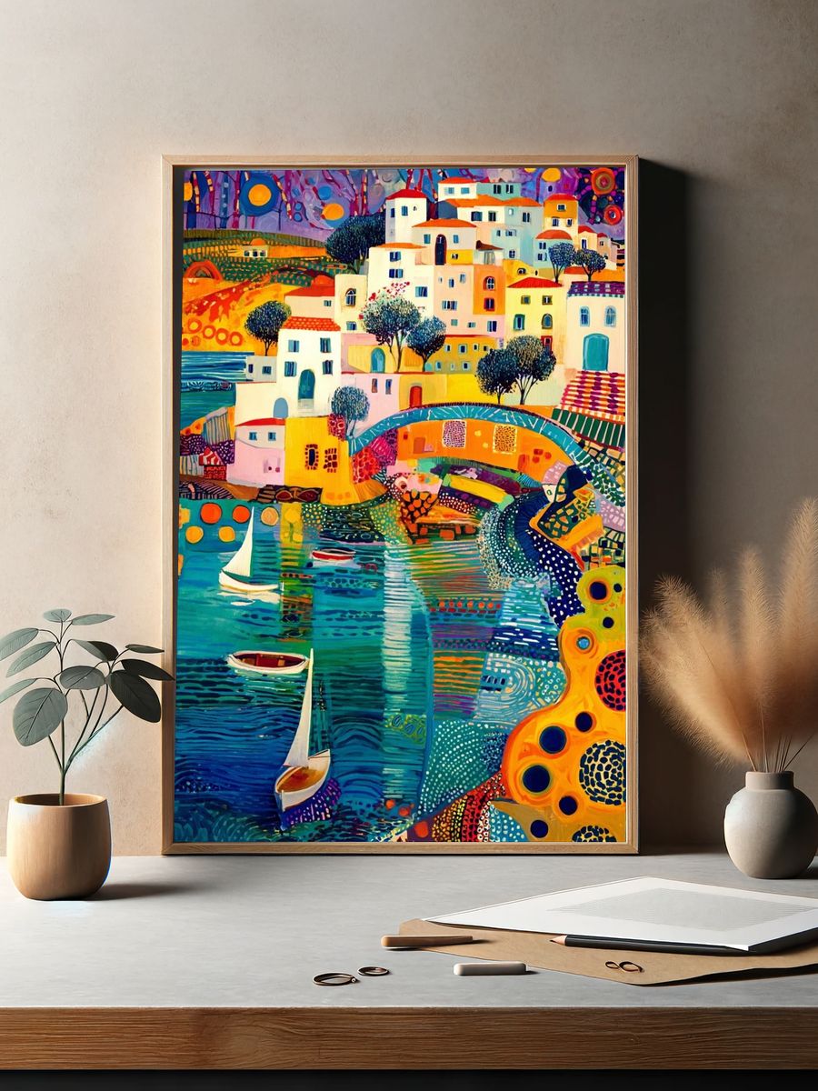 Colorful Coastal Village — Fine Art Print. — room view 2