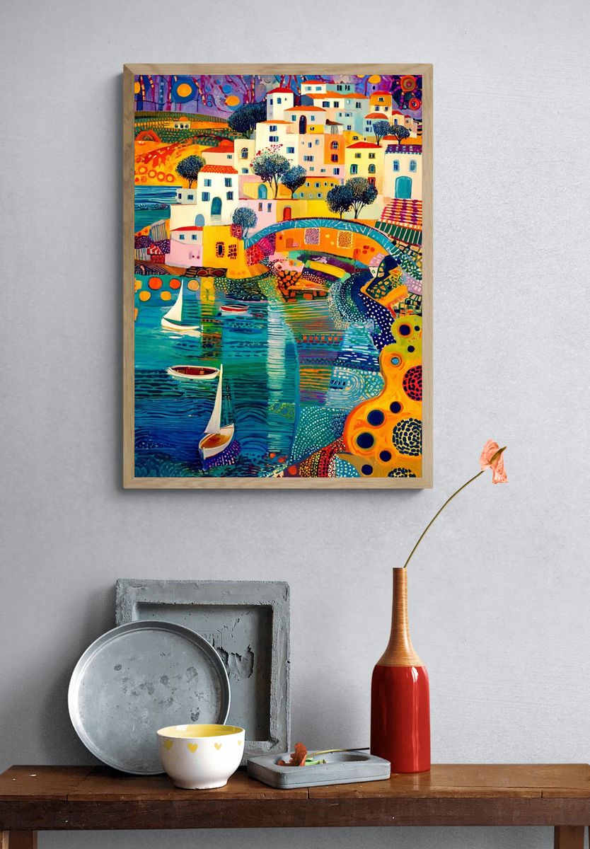 Colorful Coastal Village — Fine Art Print. — room view 3