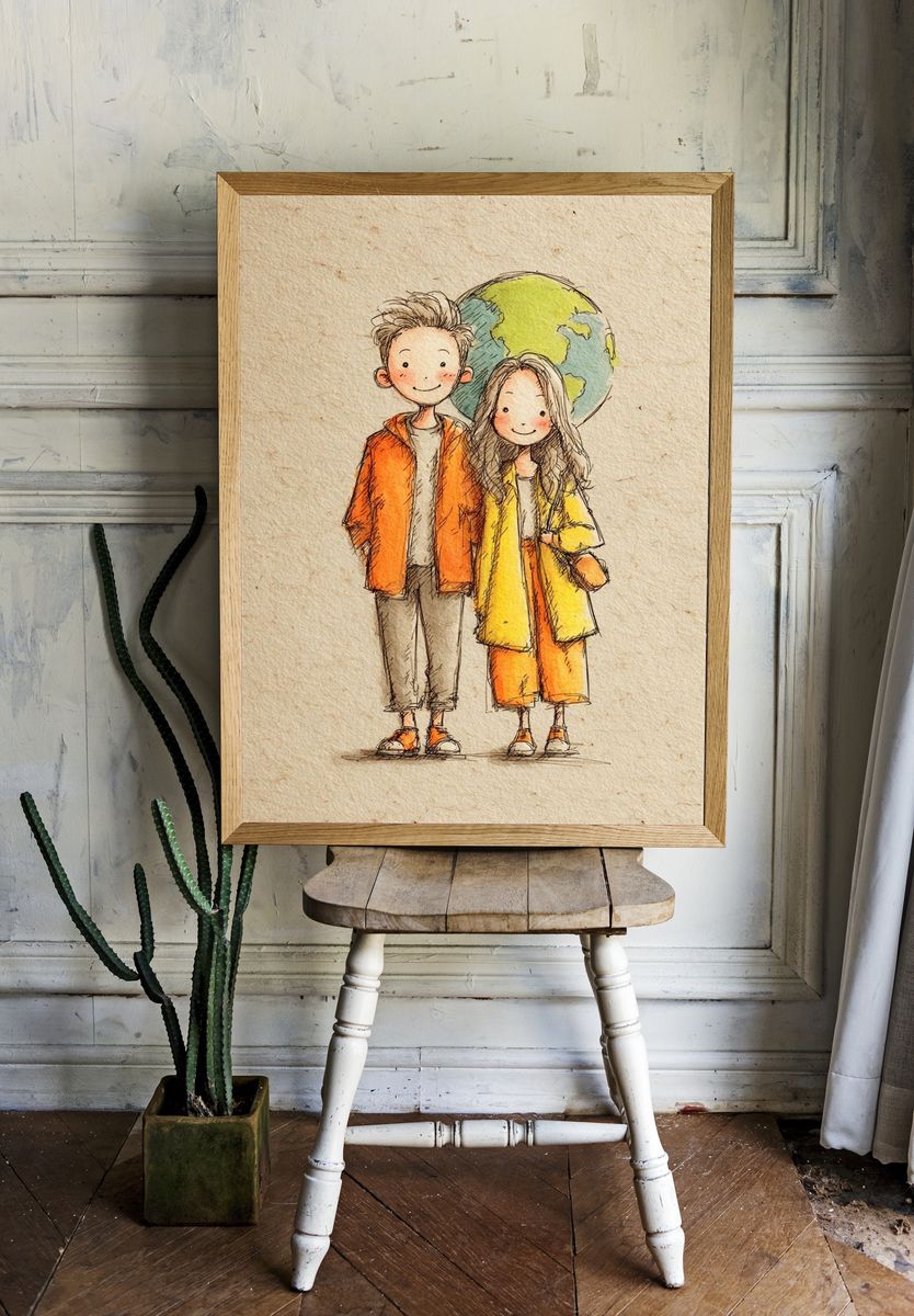 Couple with Earth — Illustration Print. — room view 1