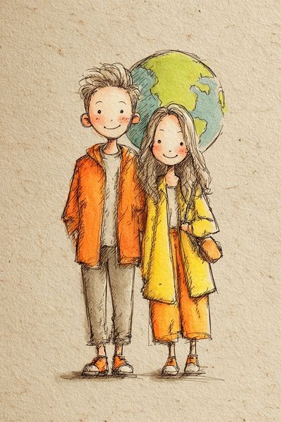 Couple with Earth — Illustration Print. poster print