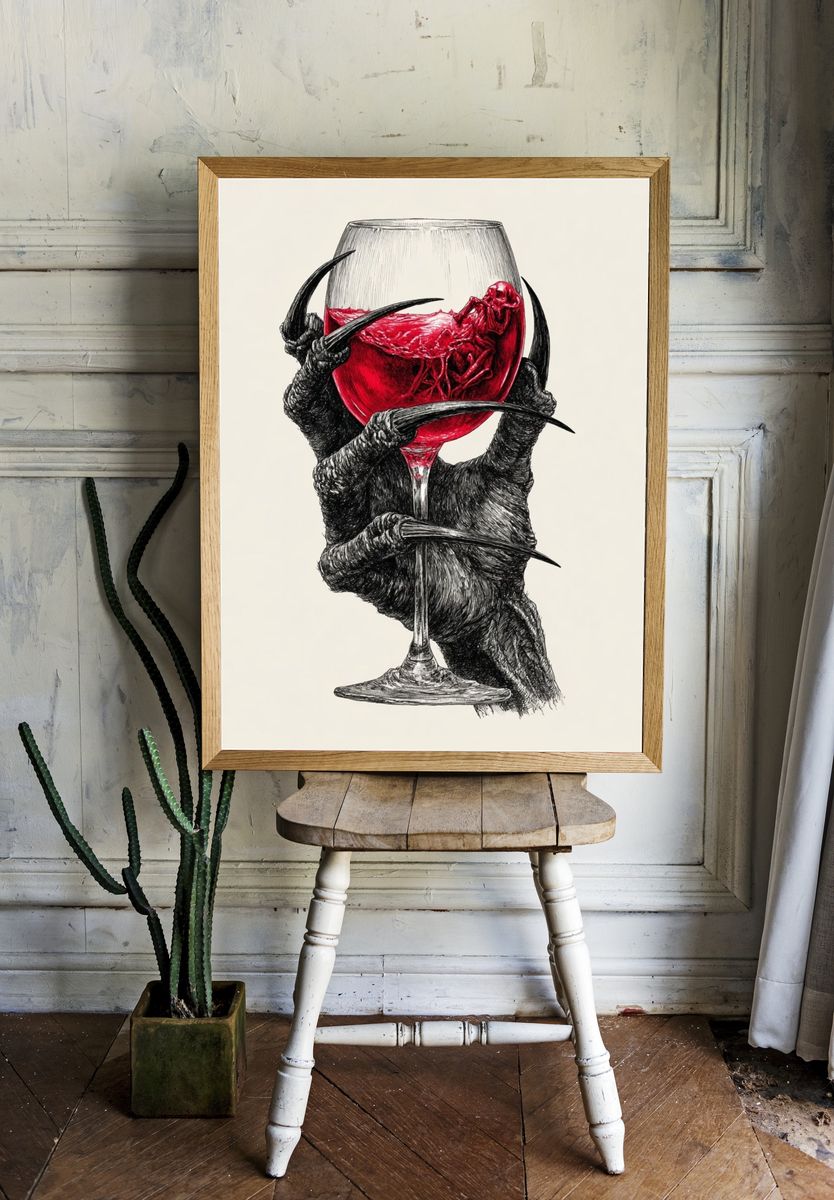 Creepy Hand Holding Wine Glass — Illustration Print. — room view 1