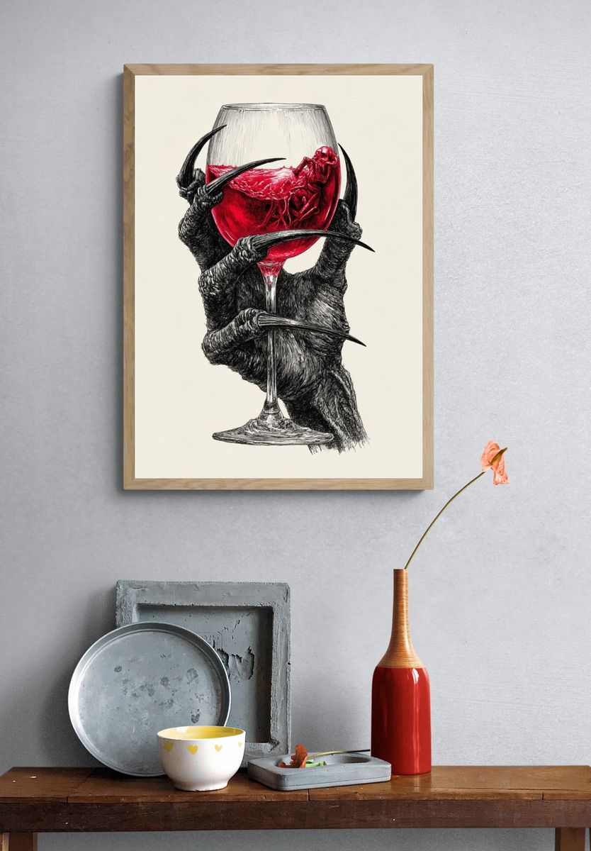 Creepy Hand Holding Wine Glass — Illustration Print. — room view 3