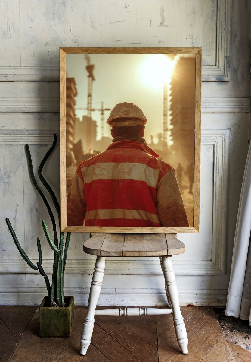 Construction Worker at Sunrise Photography Poster. — room view 1