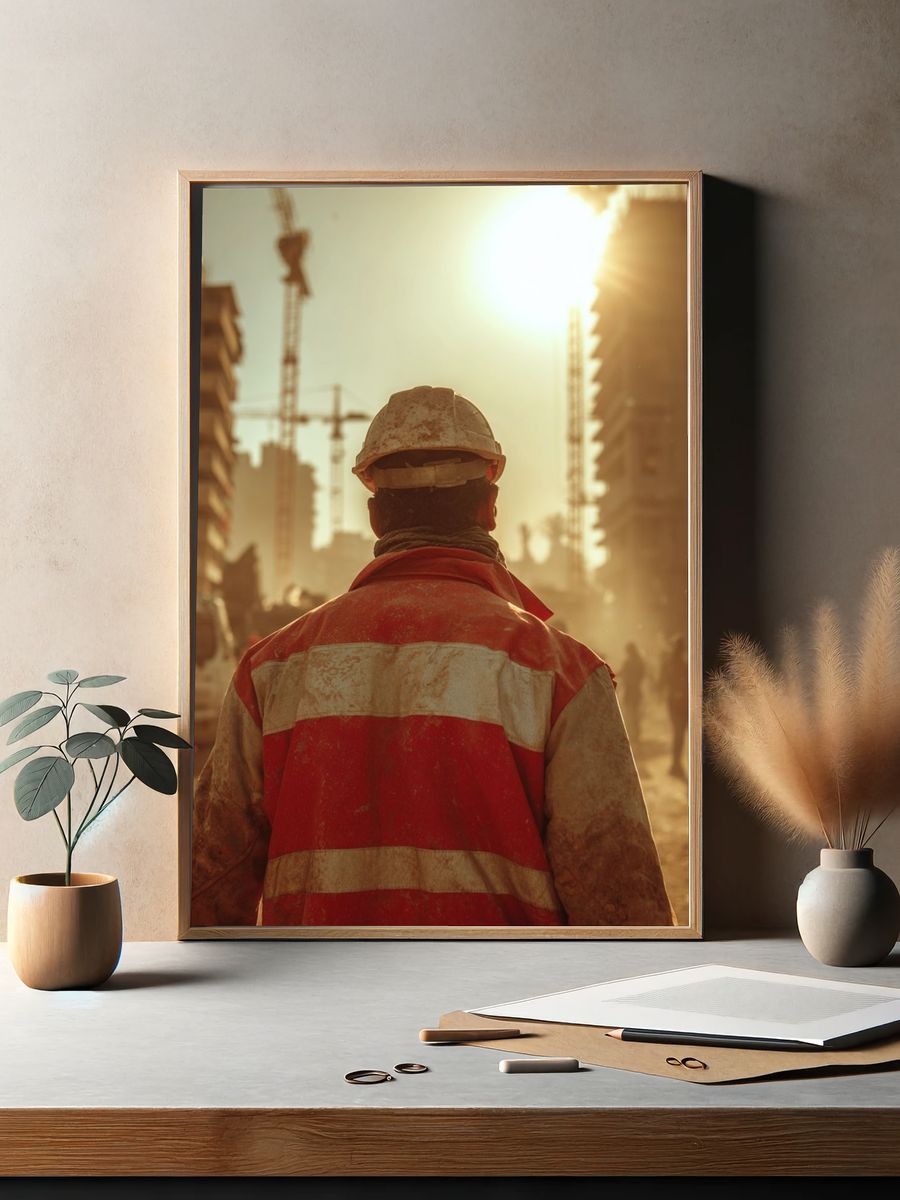 Construction Worker at Sunrise Photography Poster. — room view 2