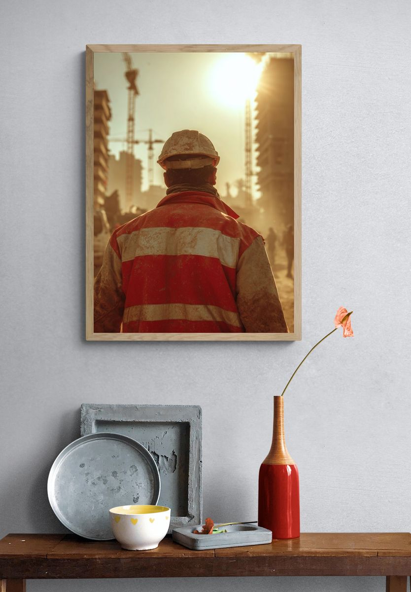 Construction Worker at Sunrise Photography Poster. — room view 3