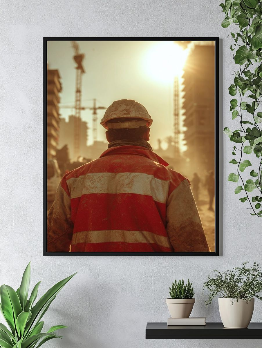 Construction Worker at Sunrise Photography Poster. — room view 4
